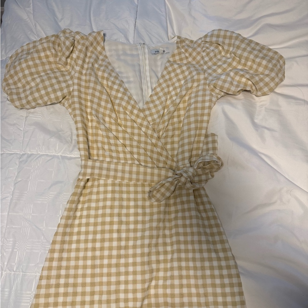 Kensie Tan Gingham Puff Sleeve Midi Dress